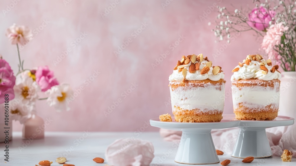 Two almond topped cupcakes on a white cake stand with pink flowers in the background. Two almond topped cupcakes on a white cake stand with pink flowers in the background.