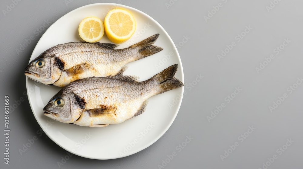 Two grilled fish on a white plate with lemon slices, shot from above on a gray background. Two grilled fish on a white plate with lemon slices, shot from above on a gray background.