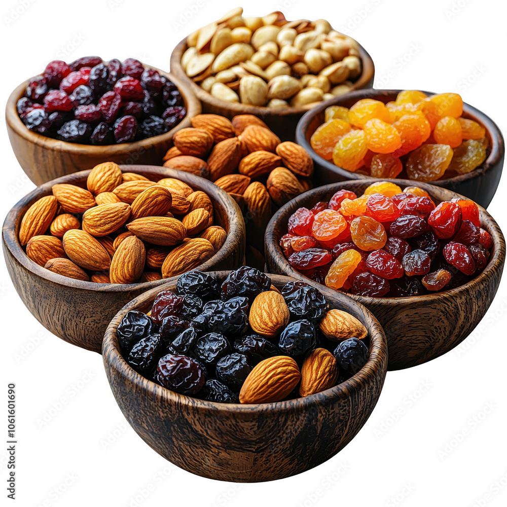 A variety of nuts and dried fruits arranged in wooden bowls, showcasing vibrant colors and textures, perfect for healthy snacking or ingredient inspiration. png transparent background A variety of nuts and dried fruits arranged in wooden bowls, showcasing vibrant colors and textures, perfect for healthy snacking or ingredient inspiration. png transparent background
