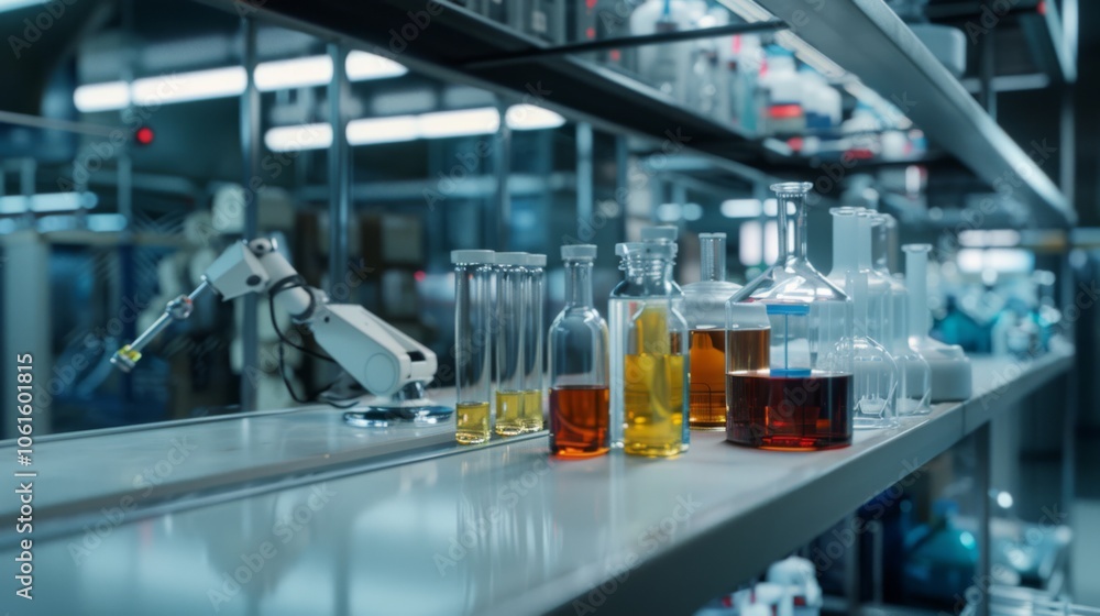 A futuristic lab shelf lined with glass vials and cutting-edge robotics, bathed in sterile light, suggests scientific discovery and innovation. A futuristic lab shelf lined with glass vials and cutting-edge robotics, bathed in sterile light, suggests scientific discovery and innovation.
