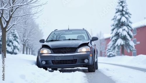 Snowy road accident car crash scene for news visuals with copy space