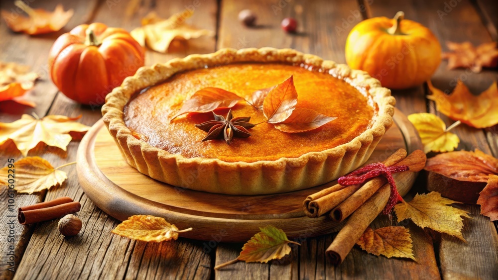 A Homemade Pumpkin Pie Decorated With Fall Leaves and Cinnamon Sticks On A Rustic Wooden Table A Homemade Pumpkin Pie Decorated With Fall Leaves and Cinnamon Sticks On A Rustic Wooden Table