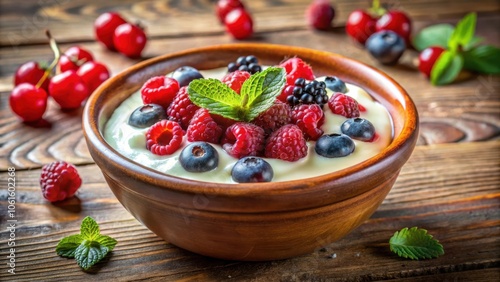 A rustic wooden bowl brimming with creamy yogurt topped with a medley of vibrant red raspberries, juicy blueberries, and fresh mint leaves, a delicious and healthy treat for breakfast or dessert.