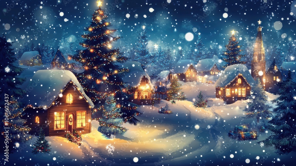 Fototapeta premium A picturesque winter village with snow-covered houses, decorated Christmas trees, and twinkling lights against a backdrop of a starry night sky.