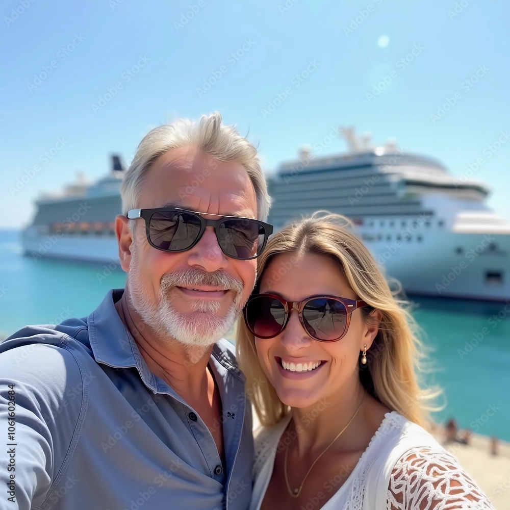 A selfie photo of a middle-aged man and woman with a beautiful cruise ship in the background A selfie photo of a middle-aged man and woman with a beautiful cruise ship in the background