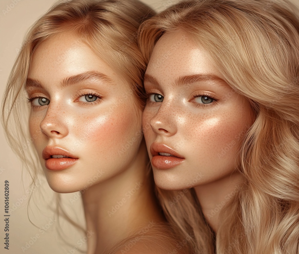 A photorealistic before and after photo of an elegant blonde woman with clear skin. The left side shows visible redness, while the right side features smooth, ,generative ai A photorealistic before and after photo of an elegant blonde woman with clear skin. The left side shows visible redness, while the right side features smooth, ,generative ai