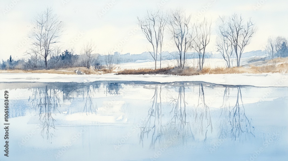 Tranquil Watercolor of Frozen Lake and Reflection