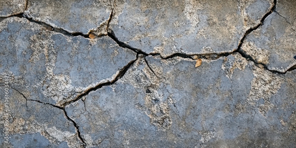 Obraz premium Cracked blue concrete surface with scattered leaves.