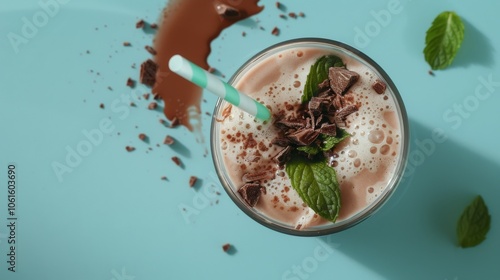 A delicious chocolate mint milkshake topped with mint leaves and chocolate shavings, set against a pastel blue background, evokes a refreshing treat.