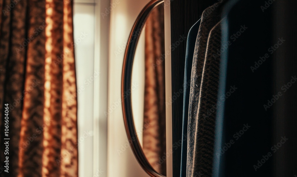 Close up of curtains and a mirror reflecting a room. Close up of curtains and a mirror reflecting a room.