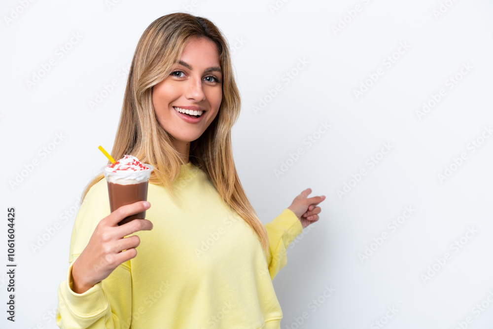 Young Uruguayan woman holding Frappuccino isolated on white background pointing back Young Uruguayan woman holding Frappuccino isolated on white background pointing back