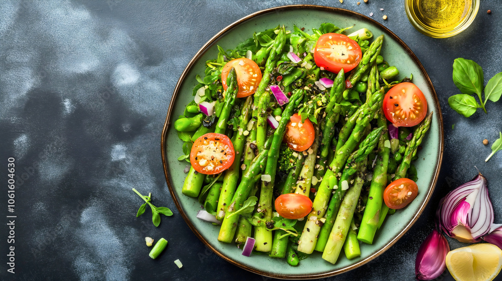 Fresh asparagus salad plate, vibrant top view copy space, appetizing delicious dish vegetable, wholesome meal lunch, healthy organic gourmet Fresh asparagus salad plate, vibrant top view copy space, appetizing delicious dish vegetable, wholesome meal lunch, healthy organic gourmet