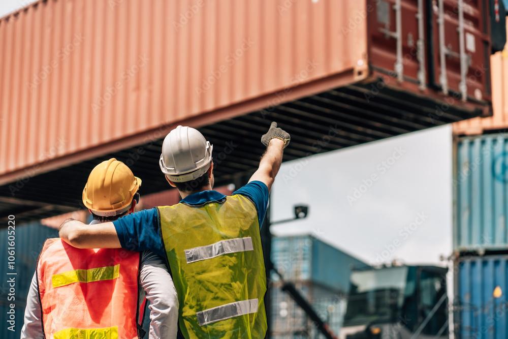 workers teamwork man in safety jumpsuit workwear with yellow hardhat and use laptop check container at cargo shipping warehouse. transportation import,export logistic industrial service workers teamwork man in safety jumpsuit workwear with yellow hardhat and use laptop check container at cargo shipping warehouse. transportation import,export logistic industrial service