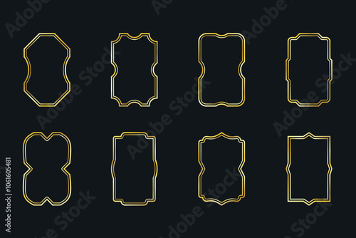 Thin geometric frame set. Collection of linear gold frame art deco style. Luxury gold borders for wedding invitation oval decoration
