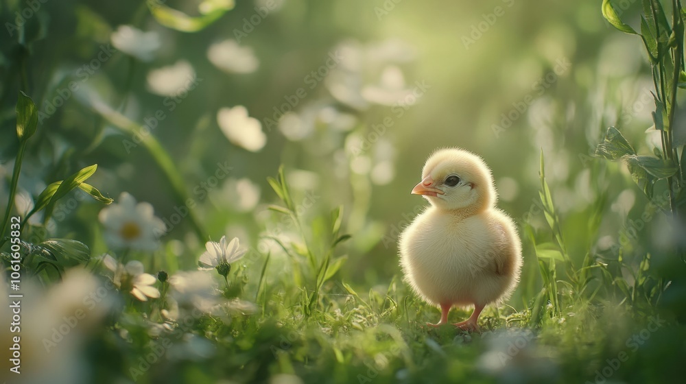 baby chick standing in a green meadow with soft-focus flowers and plants surrounding the background baby chick standing in a green meadow with soft-focus flowers and plants surrounding the background