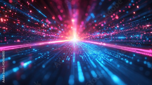Dynamic sci-fi background with neon blue and pink light trails and a warp-speed effect, stretching towards a bright focal point. This futuristic design is ideal for tech visuals