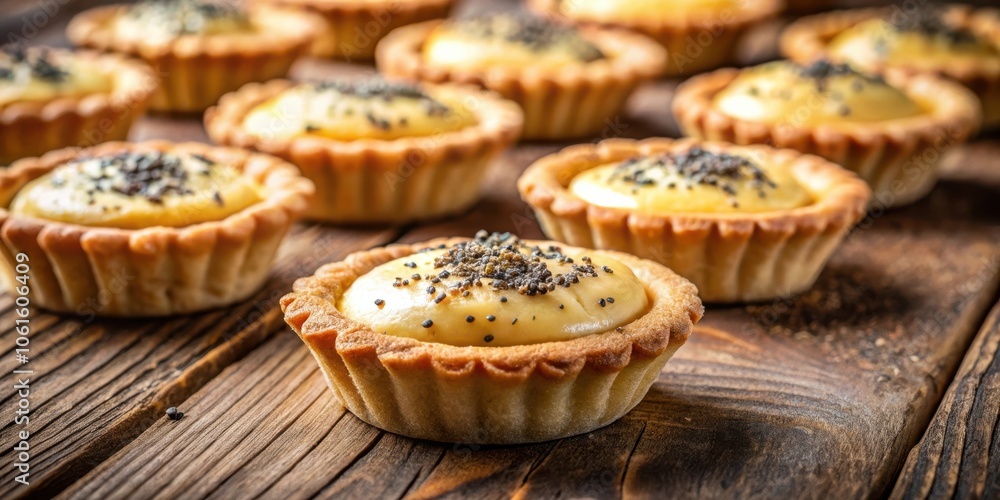 A Row of Golden Tartlets with Poppy Seed Topping, Arranged on a Rustic Wooden Surface A Row of Golden Tartlets with Poppy Seed Topping, Arranged on a Rustic Wooden Surface