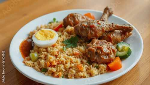 West African entree of Jollof rice, chicken, boiled egg, vegetables with Shito sauce with copy space isolated with white shades, png photo