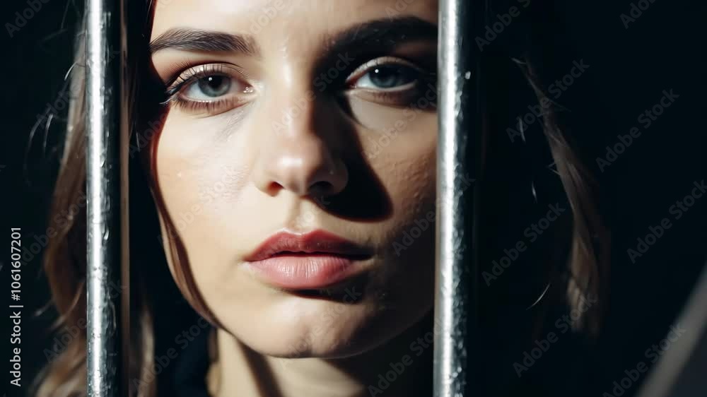 Pensive woman behind bars in dramatic light Pensive woman behind bars in dramatic light
