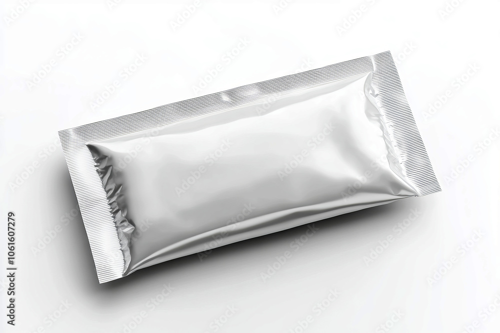 White blank plastic foil Pouch for food or candy packaging mockup on a white background, top view White blank plastic foil Pouch for food or candy packaging mockup on a white background, top view