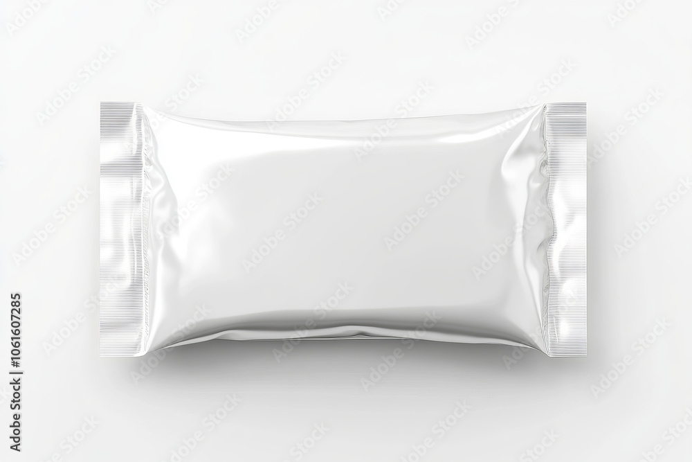 White blank plastic foil Pouch for food or candy packaging mockup on a white background, top view White blank plastic foil Pouch for food or candy packaging mockup on a white background, top view