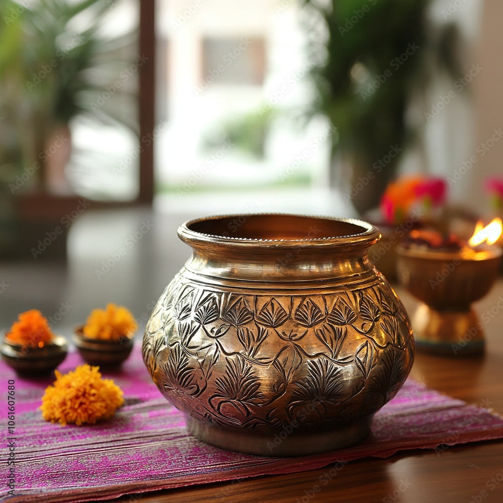 a stinless stell beautifully crafted pot in placed near the diwali puja celebration inside a beautifully decorated house,generative ai a stinless stell beautifully crafted pot in placed near the diwali puja celebration inside a beautifully decorated house,generative ai