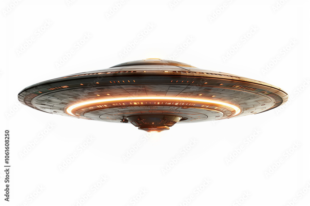 Flying ufo with white background. Unidentified flying object.
Flying ufo with white background. Unidentified flying object.