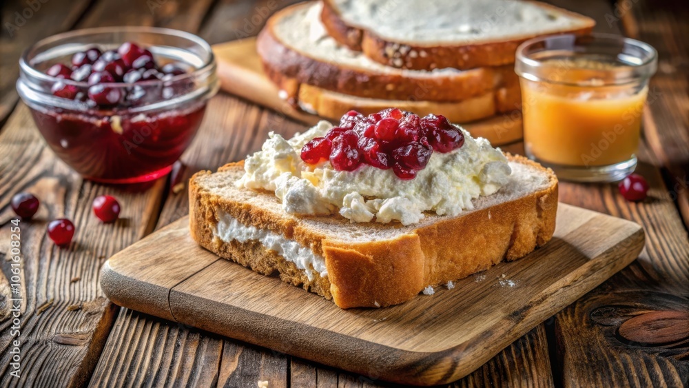 A slice of bread topped with whipped cream and cranberry sauce, a simple and delicious breakfast or snack A slice of bread topped with whipped cream and cranberry sauce, a simple and delicious breakfast or snack