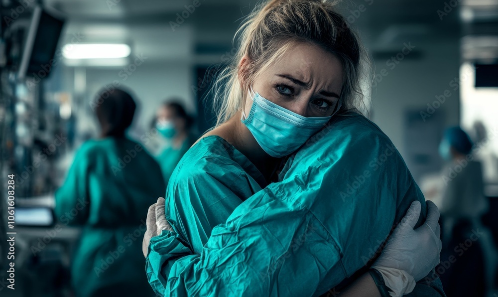 Tired doctor in scrubs and mask, holding herself. Tired doctor in scrubs and mask, holding herself.