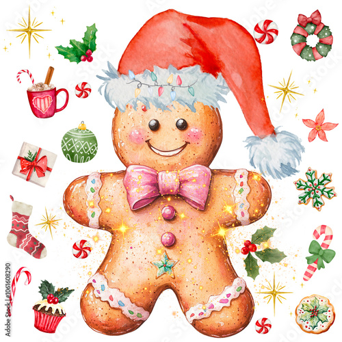 Festive Gingerbread Figures with Holiday Decorations, Adorable gingerbread characters with festive bows, holly accents, and Christmas decorations, perfect for holiday designs, greeting cards

