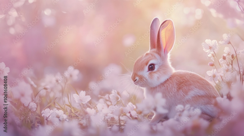 Sweet rabbit surrounded by spring blossoms, sitting in a soft-focus field with pastel colors and gentle light Sweet rabbit surrounded by spring blossoms, sitting in a soft-focus field with pastel colors and gentle light