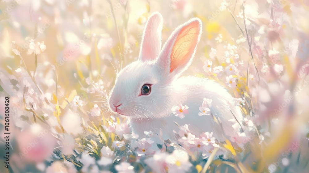 Sweet rabbit surrounded by spring blossoms, sitting in a soft-focus field with pastel colors and gentle light Sweet rabbit surrounded by spring blossoms, sitting in a soft-focus field with pastel colors and gentle light