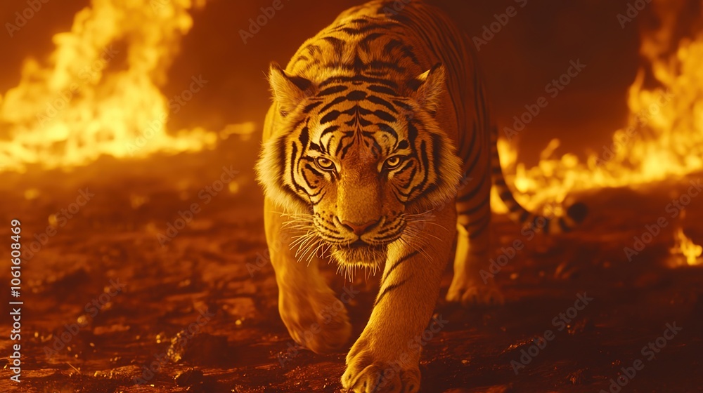 A majestic tiger walking through the flames of an epic fire
A majestic tiger walking through the flames of an epic fire