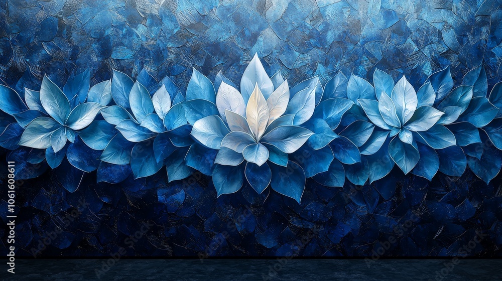 A vibrant blue wall mural featuring layered floral designs, evoking tranquility and beauty. A vibrant blue wall mural featuring layered floral designs, evoking tranquility and beauty.