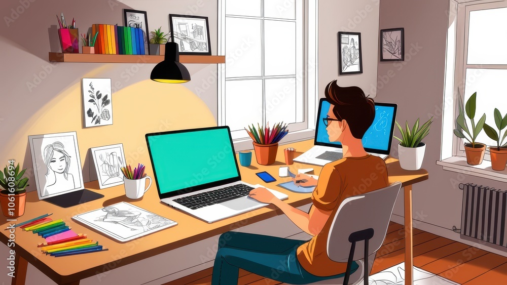 A digital artist works on a tablet in a well-organized, plant-filled home studio. The workspace is lit by warm natural light and features a laptop, colorful pencils, framed sketches, and vibrant decor A digital artist works on a tablet in a well-organized, plant-filled home studio. The workspace is lit by warm natural light and features a laptop, colorful pencils, framed sketches, and vibrant decor