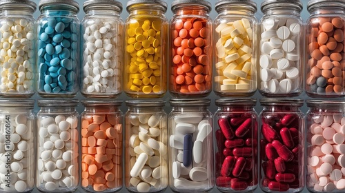 Wallpaper Mural A variety of colorful pills and capsules are neatly organized in glass jars. The contrasting colors create a visually appealing display,  Torontodigital.ca
