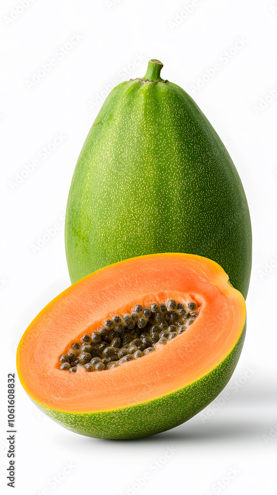 Freshly cut papaya in halves top view isolated on white background Freshly cut papaya in halves top view isolated on white background