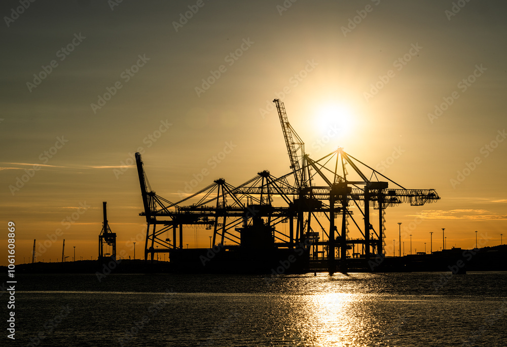 Fototapeta premium Large container vessel at container loading port at sunset.