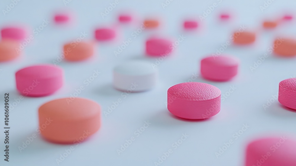 A close-up shot of pink, white, and orange pills scattered on a white surface, with a shallow depth of field. A close-up shot of pink, white, and orange pills scattered on a white surface, with a shallow depth of field.