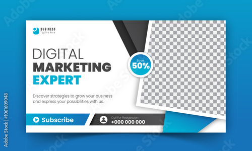 Corporate creative YouTube thumbnail and social media cover design, digital marketing agency live video streaming for business promotion on abstract blue colorful shapes and white background