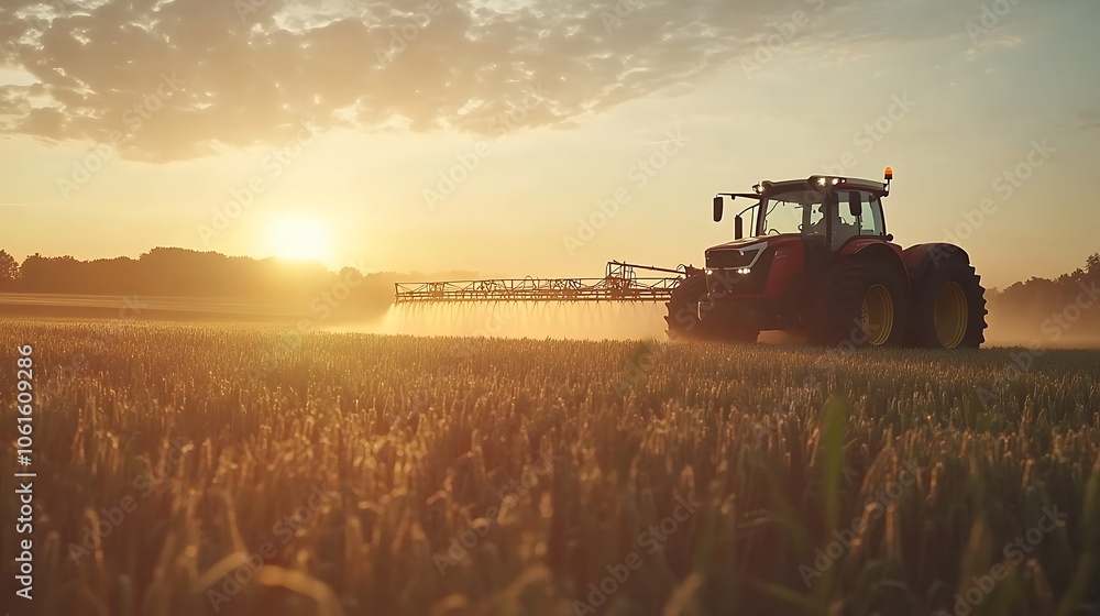 Fototapeta premium A tractor spraying crops at sunset in the farmland