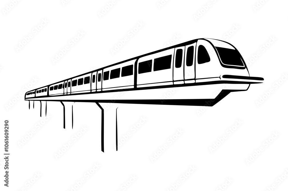 line drawing of monorail system gliding on elevated track, urban public transport line drawing of monorail system gliding on elevated track, urban public transport