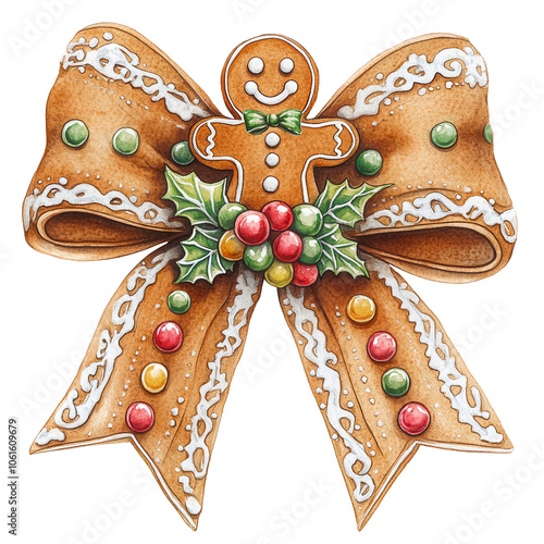 Festive Gingerbread Figures with Holiday Decorations, Adorable gingerbread characters with festive bows, holly accents, and Christmas decorations, perfect for holiday designs, greeting cards
