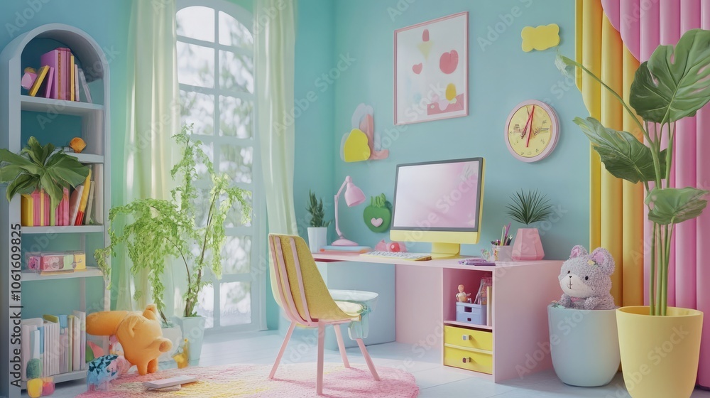 A bright and cheerful workspace with a pastel color scheme and fun decor. A computer monitor, a desk, and a pink chair. A bright and cheerful workspace with a pastel color scheme and fun decor. A computer monitor, a desk, and a pink chair.