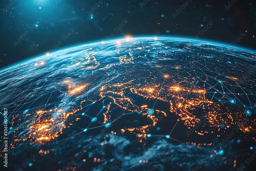 Obraz premium Global communication technology on Earth, representing blockchain and IoT in a connected world