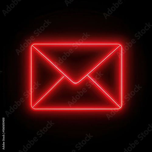 Red neon mail envelope on black background