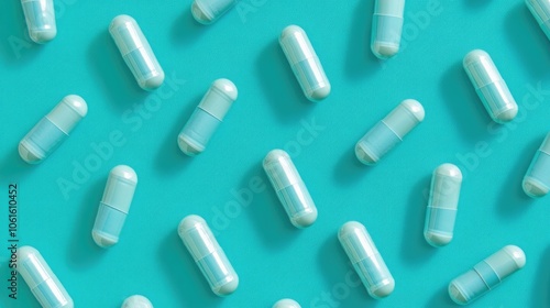 Blue capsules laid out on a teal background in a repeating pattern.