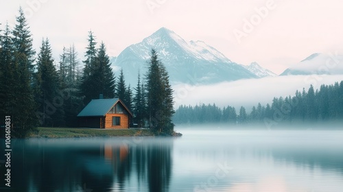 Serene cabin by tranquil mountain lake