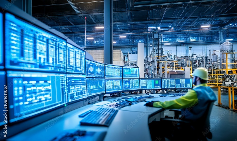 Fototapeta premium Industrial control room with worker monitoring screens.