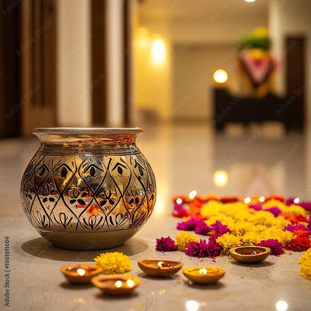 a stinless stell beautifully crafted pot in placed near the diwali puja celebration inside a beautifully decorated house,generative ai a stinless stell beautifully crafted pot in placed near the diwali puja celebration inside a beautifully decorated house,generative ai